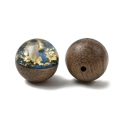 Стально-синий Ореховое дерево с бусинами из золотой фольги из смолы, круглые, стальной синий, 15 мм, отверстие : 1.8 мм