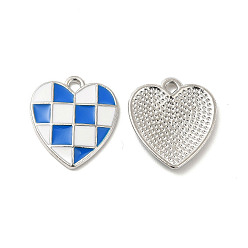 Blue Alloy Enamel Pendants, Platinum, Heart with Tartan Pattern, Blue, 17.5x16x2mm, Hole: 1.6mm