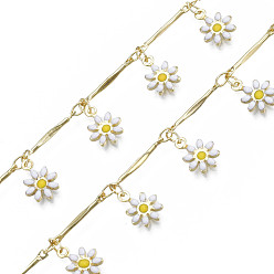 Yellow Brass Bar Link Chains, with Enamel Flower Charm, Unwelded, Real 16K Gold Plated, Yellow, 14x2x1mm