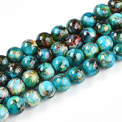 Голубой Выпечки нарисованных стеклянных бусин прядей, волочильных стиле, круглые, голубой, 10~10.5 мм, отверстие : 1.4 мм, около 82~85 шт / нитка, 31.10~32.28 дюйм (79~82 см)