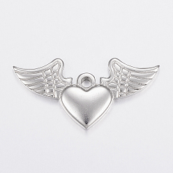 Stainless Steel Color Tarnish Resistant 304 Stainless Steel Pendants, Heart and Wing, Stainless Steel Color, 20x40x3.5mm, Hole: 3mm