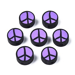Blue Violet Handmade Polymer Clay Beads, Flat Round with Peace Sign, Blue Violet, 9~10x4.5mm, Hole: 1.6mm