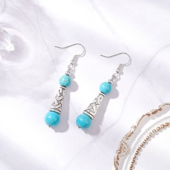 Платина Бронзовые синтетические бирюзовые серьги, круглые, платина, 58~58.5x9.5~10 мм