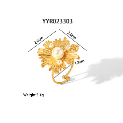 Настоящее золото 18K Искусственный жемчуг цветок нерегулярные винтажные манжеты кольца, 304 ювелирные изделия из нержавеющей стали, реальный 18 k позолоченный, 1.14x1.02 дюйм (29x26 мм), внутренний диаметр: 0.71 дюйм (18 мм)
