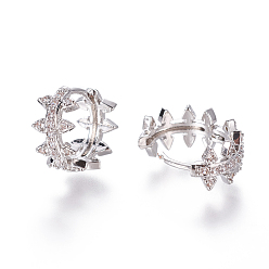 Платина Серьги-кольца из латуни с микро-паве из фианита, форма венок из листьев, прозрачные, платина, 14.5~15x7.5 мм , штифт: 0.9x1.2 мм