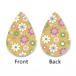 Золотистый Большие кожаные подвески, Пасхальная тема, слезинка с цветочным узором, золотые, 55~56.5x35~37x2 мм, отверстие : 1~2 мм