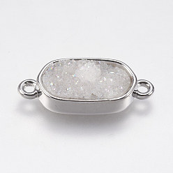 (966) Внутренний цвет Кристалл / Лиловато-лиловый на подкладке Гальванические соединители из натурального агата друзы, с латунной фурнитурой платинового цвета, овальные, с покрытием цвета радуги, 10x24x6 мм, отверстие : 1 мм