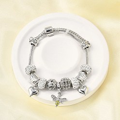 Античный Серебристый & Платиновый Сплав европейские бусины браслеты с подвесками, браслеты из змеиной цепи для женщин, пчела и сердце, со стразами из полимерной глины и силиконом, без свинца и без кадмия, старинное серебро и платина, 7-1/2 дюйм (19.2 см)