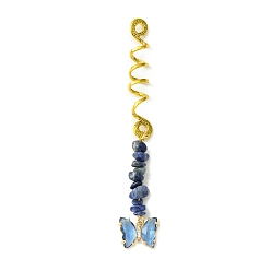 Sodalite Perles de dreadlocks en alliage, Verre papillon et copeaux de sodalite naturelle, tressage de pendentifs pour cheveux, clips de décoration, pour la coiffure, 113mm, Trou: 4.5mm, diamètre intérieur: 8 mm
