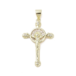 Прозрачный Настоящие 18 k позолоченные латунные подвески с микропаве и кубическим цирконием, без кадмия, без никеля и без свинца, Крест с Иисусом, прозрачные, 28x17.5x3 мм, отверстие : 3.6x4.3 мм