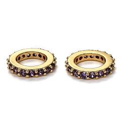 Medium Purple Brass Micro Pave Cubic Zirconia European Beads, Long-Lasting Plated, Real 18K Gold Plated, Large Hole Beads, Ring, Medium Purple, 10x1.8mm, Hole: 6mm