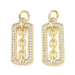 Real 18K Gold Plated Brass Micro Pave Clear Cubic Zirconia Pendants, Rectangle with Chain Charms, Real 18K Gold Plated, 20x9x3mm, Hole: 3.5mm