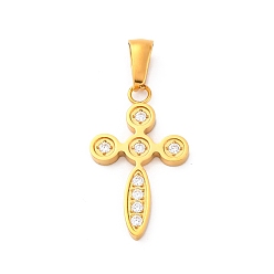 Золотой 304 подвески из нержавеющей стали, с четким кубического циркония, крест прелести, ионное покрытие (ip), золотые, 25x14.5x2 мм, отверстие : 3x6.2 мм