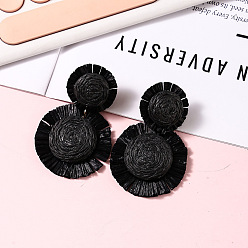 Черный Серьги-гвоздики из рафии в богемном стиле, цветок, чёрные, 70x45 мм