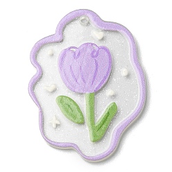 Plum Transparent Glitter Dust Powder, Acrylic Pendants, Flower, Plum, 39x28.5x2mm, Hole: 1.8mm