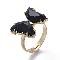 Black Adjustable Brass Glass Finger Rings, with Clear Cubic Zirconia, Butterfly, Golden, Black, Size 7, Inner Diameter: 17mm