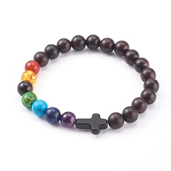 Черный Чакра ювелирные изделия, эластичные браслеты из натурального дерева с бусинами, с натуральными и синтетическими шарики Gemstone, круглый и крест, чёрные, внутренний диаметр: 2-1/8~2-1/4 дюйм (5.3~5.6 см)