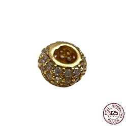 Real 18K Gold Plated 925 Sterling Silver Spacer Beads, with Cubic Zirconia, Rondelle, Real 18K Gold Plated, 6x3.5mm, Hole: 2.8mm