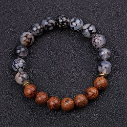 Black Dyed Natural Crackle Agate & Wood Round Beaded Stretch Bracelets, Black, 7-1/2~7-5/8 inch(19~19.5cm)