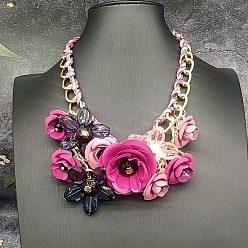 Ярко-Розовый Модные преувеличенные ожерелья-нагрудники из поликоттона и акрила с цветочным узором для женщин, золотые, ярко-розовый, 18.11 дюйм (46 см)
