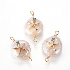 Deep Sky Blue Natural Pearl Links connectors, with Cubic Zirconia and Brass Findings, Flat Round with Star, Golden, Deep Sky Blue, 19~23x10~12x6~9mm, Hole: 1.6mm
