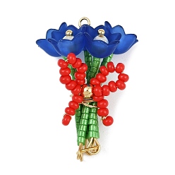 Синий Цветок из стеклянных бусин ручной работы с подвесками-бантиками, с 304 петлей из нержавеющей стали и акрилом, синие, 37.5x27x19 мм, отверстие : 2 мм