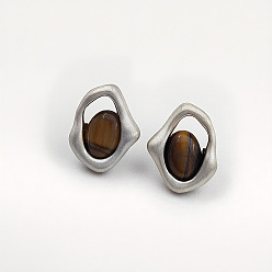 Oval Женские серьги-гвоздики из латуни и натурального тигрового глаза, платина, овальные, 20 мм