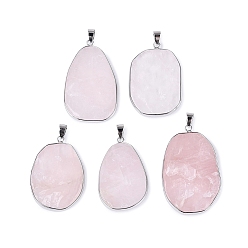 Розовый Кварц Природного розового кварца подвески, латунные подвески в виде самородков в оправе, с кнопкой на поруки, платина, 41~67x27~42x4~11 мм, отверстие : 7x3.5 мм