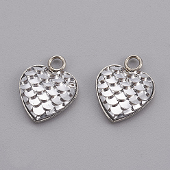Серебро 304 подвески из нержавеющей стали, cmолой, сердце в форме рыбьей чешуи, цвет нержавеющей стали, серебряные, 16x13x3.5 мм, отверстие : 2 мм