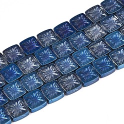 Морской Синий Гальванизируйте прозрачное стекло бисер нитей, квадратные с цветком, с половиным покрытием, Marine Blue, 11x11x4 мм, отверстие : 1 мм, около 59~61 шт / нитка, 25.59~26.38 дюйм (65~67 см)