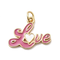 Pink Латунь эмаль подвески, со словом любовь, стойки покрытие, долговечный, без кадмия и без свинца, реальный 18 k позолоченный, с целью перехода в кольце, розовые, 15x19.5x1.5 мм, отверстие : 3.2 мм
