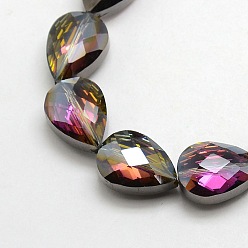 Black Plated Electroplate Crystal Glass Teardrop Beads Strands, Faceted, Half Black Plated, 18x13x9mm, Hole: 1mm, about 40pcs/strand, 28.3 inch