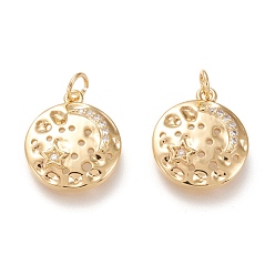 Настоящее золото 18K Латунные микропаве прозрачные кубические циркониевые подвески, с прыжковых колец, долговечный, плоские круглые с звездой и луной, прозрачные, реальный 18 k позолоченный, 17.5x15x3 мм, отверстие : 3.5 мм