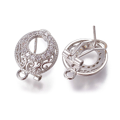 Платина Латунные серьги-гвоздики из циркония, французские серьги-клипсы, с петлей, плоско-круглые, платина, 18.5x15x11.5 мм, отверстие : 2 мм, штифты : 0.7 мм