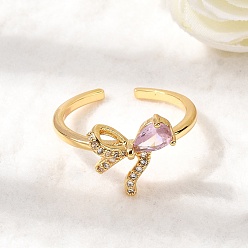 Настоящее золото 18K Кольца-манжеты из латуни с розовым паве и прозрачными кубическими цирконами, бантом, без никеля , реальный 18 k позолоченный, 12x12 мм