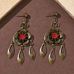 Античная Бронза Серьги-люстры из гальванизированной латуни, цветок, античная бронза, 63x28.5 мм