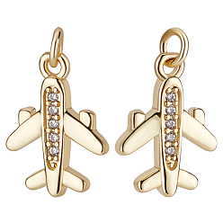 Настоящее золото 18K 10 кулоны из латуни с прозрачным кубическим цирконием, с целью перехода в кольце, без кадмия и без свинца, прелести самолета, реальный 18 k позолоченный, 15x11x1.8 мм, отверстие : 2.4 мм