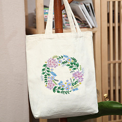 White DIY Flower Wreath Pattern Tote Bag Embroidery Kit, including Embroidery Needles & Thread, Cotton Fabric, Plastic Embroidery Hoop, White, 390x340mm