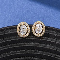 Настоящее золото 18K Серьги-гвоздики из латуни с микропаве из кубического циркония для женщин, овальные, реальный 18 k позолоченный, 11x9 мм