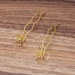 Golden Iron Hair Fork Findings, with Brass Flower Findings, Bead Cap, Long-Lasting Plated, Golden, 68x12mm