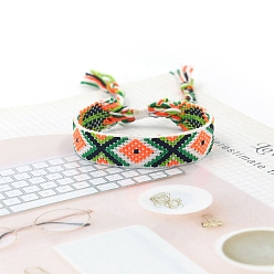 Зеленый Женские браслеты на плоской подошве из полиэстера в этническом стиле с ромбическим шнуром, регулируемый браслет с кисточкой, зелёные, 5-7/8 дюйм (15 см)