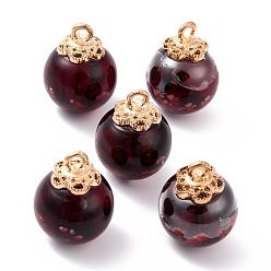 Indian Red Glass Dried Flower Big Pendants, with Alloy Findings, Round, Light Gold, Indian Red, 21x16mm, Hole: 2mm
