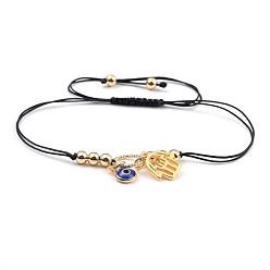 Black Braided Bracelets, with Nylon Thread, Handmade Evil Eye Lampwork Charms & Hamsa Hand Brass Pendants & Brass Linking Rings, Black, 5/8 inch~3-3/4 inch(1.5~9.5cm)