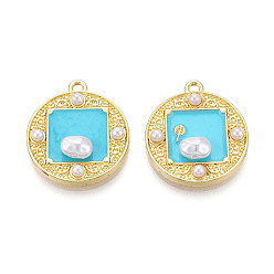 Голубой Стойки обшивки сплава эмали подвески, плоско-круглые, с абс пластмассовой имитационной жемчужиной, без кадмия и без свинца, золотой свет, голубой, 27.5x24x6.5 мм, отверстие : 2 мм