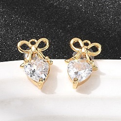 Настоящее золото 18K Серьги-гвоздики из латуни с микро-паве и прозрачным фианитом в форме сердца, без никеля , реальный 18 k позолоченный, 13x8 мм