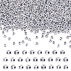 Letter 1300Pcs 26 Styles White Opaque Acrylic Beads, Horizontal Hole, Cube with Black Alphabet, Letter, 4~5x4~5x4~5mm, Hole: 1.8mm, 50pcs/style