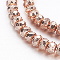 Rose Gold Plated Non-magnetic Synthetic Hematite Beads Strands, Grade A, Faceted, Rondelle, Rose Gold Plated, 6x4mm, Hole: 1mm, about 101pcs/strand, 15.7 inch