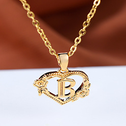 Letter B Цепочка из латуни с подвеской в виде сердца в форме розы и буквы, золотые, В письме, 17.72 дюйм (45 см)