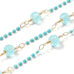 Бледно-бирюзовый Латунные шестиугольные колонны со стеклянными бусинами и круглыми бусинами из смолы, пайки, с катушкой, долговечный, золотые, бледные бирюзовая, 3.5~20.5x2~7x0.5~7 мм, около 16.40 футов (5 м) / рулон