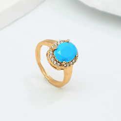 Бирюза Латунные микропаве кубические цирконии манжеты открытые кольца для женщин, овальные, бирюзовые, 16 mm ~ 20 mm